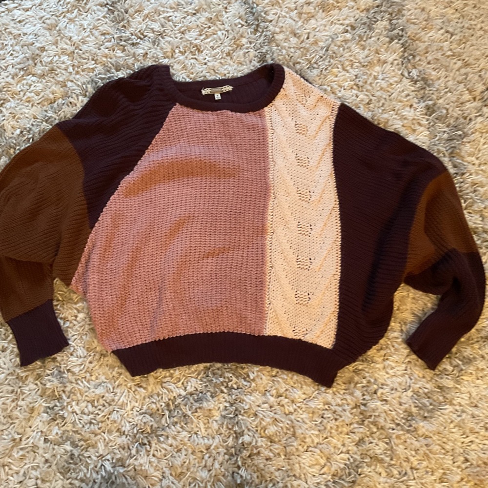 Gimmicks by BKE Womens Colorblock Cable Knit Batwing Sweater Burgundy Mauve M